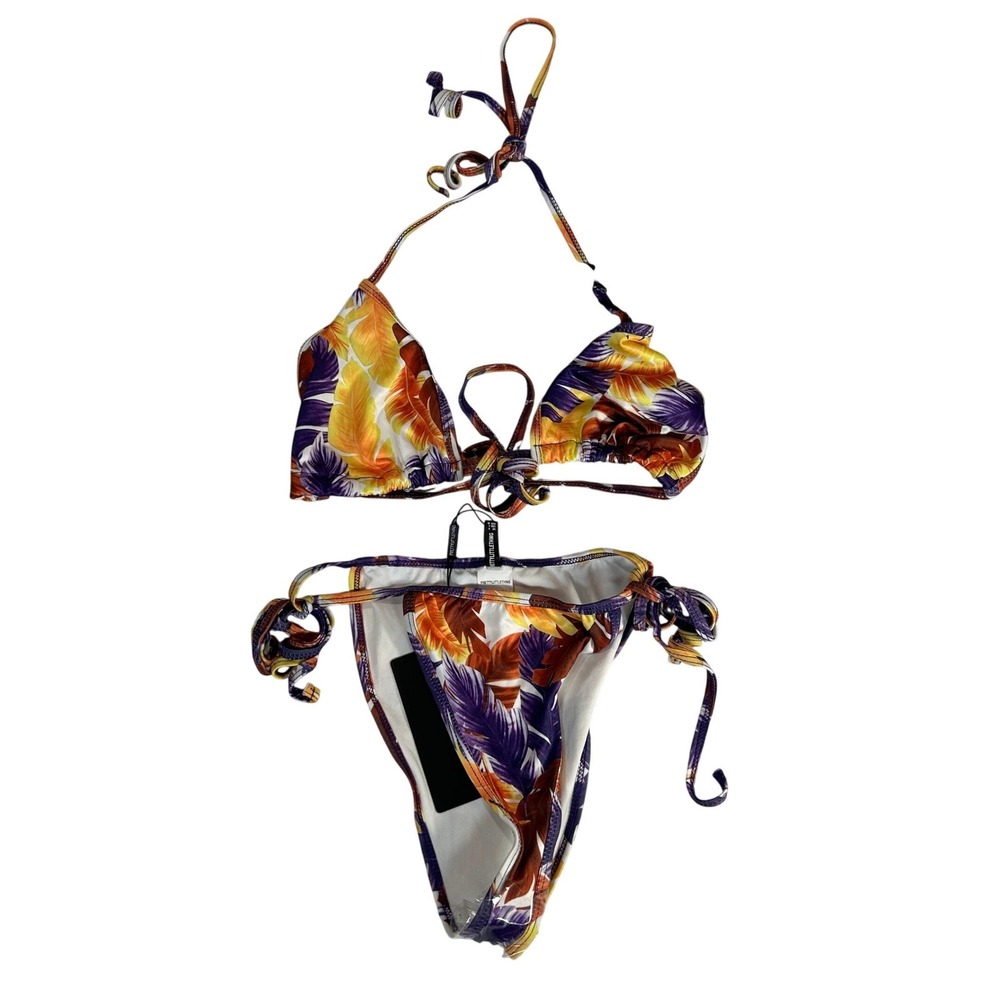 PrettyLittleThing Purple Shadow Leaf Printed Triangle Bikini Set NWT US 8